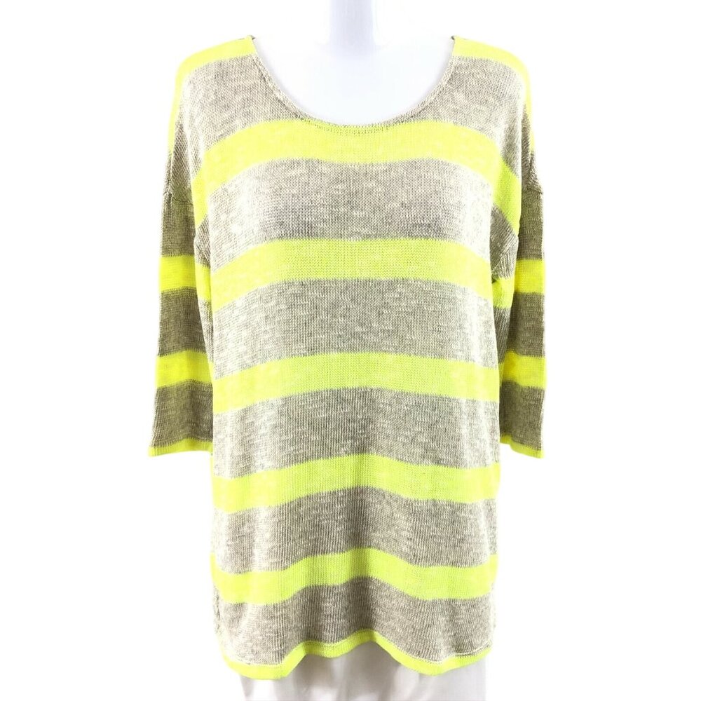 Three Dots Womens Sweater Pullover Oversized Striped 3/4 Sleeve Yellow Beige S